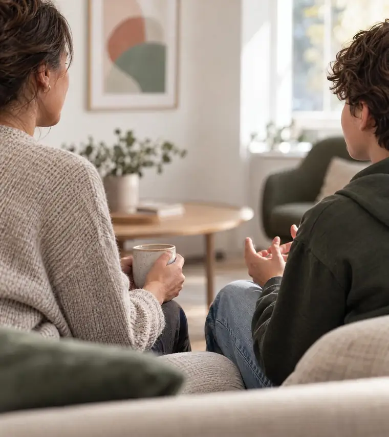 Eine Mutter mit Teetasse und ein Jugendlicher sitzen im Gespräch auf einem Sofa in einem hellen Raum.