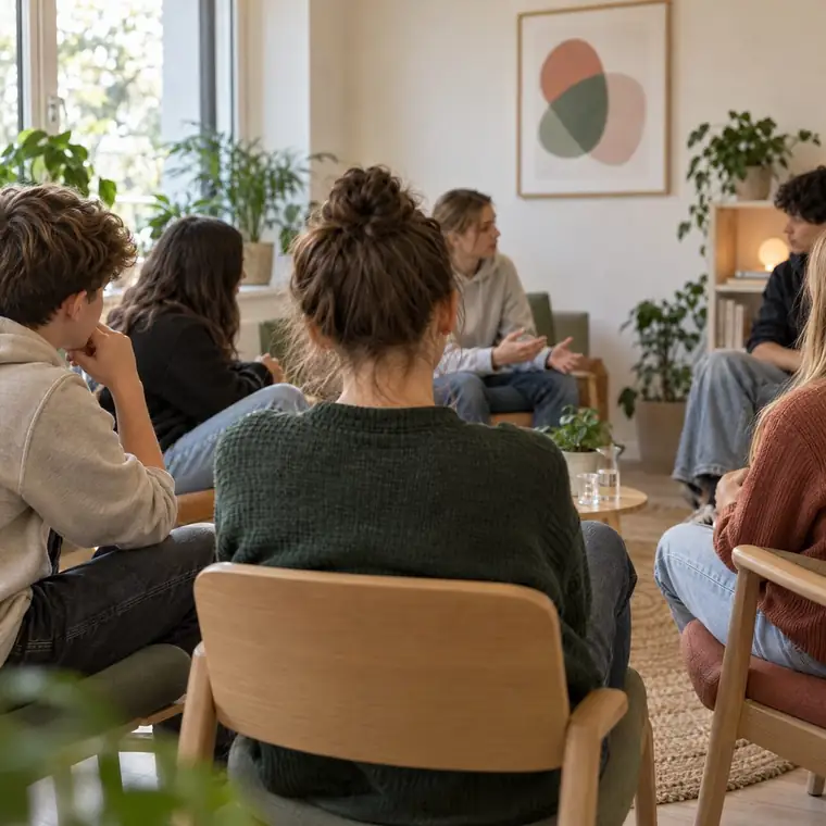 Jugendliche sitzen im Stuhlkreis in einem hellen Raum mit Pflanzen und sprechen miteinander.