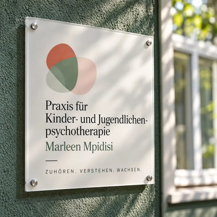 Praxisschild aus Acrylglas an der grünen Fassade: Praxis für Kinder- und Jugendlichenpsychotherapie Marleen Mpidisi.